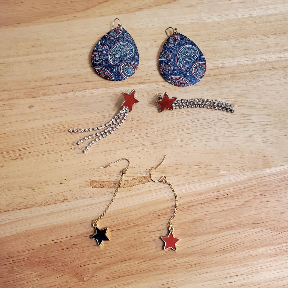 Set of 3 Statement Earrings - Red/Blue, Rhinestone Fringe Star, Dainty Drops